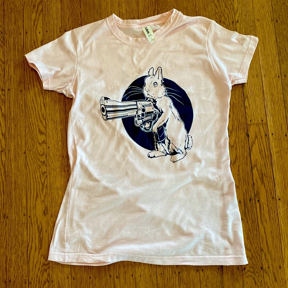 Baby pink bunny with a revolver tshirt